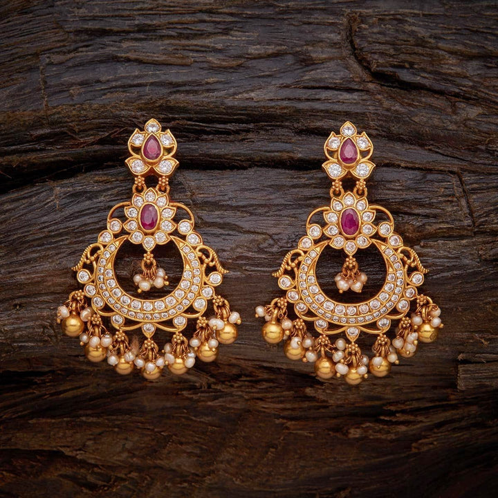 Pure 92.5 Silver Gold-Plated Chandbali Earrings with Gemstone and Dangling Beads