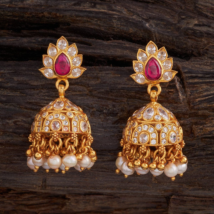 Pure 92.5 Silver Gold-Plated Lotus Jhumkas with CZ Stone and Dangling Beads