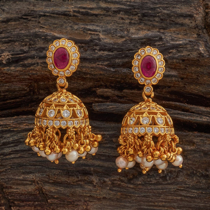 Pure 92.5 Silver Gold-Plated Traditional Temple Jhumka Earrings with Ruby Stud and Pearl Drops