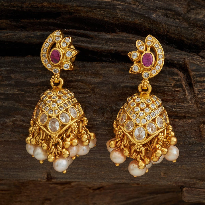 Pure 92.5 Silver Gold-Plated Traditional Jhumka Earrings with Gemstone and Dangling Pearls