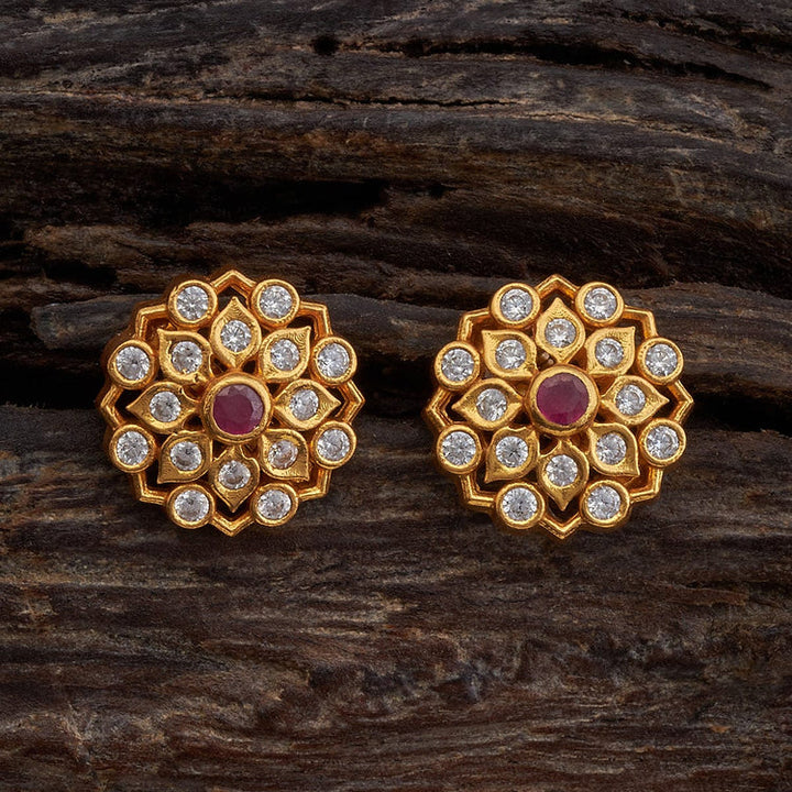 92.5 Sterling Silver Gold-Polished Floral Studs with Ruby-Pink Spinal and White Zircons