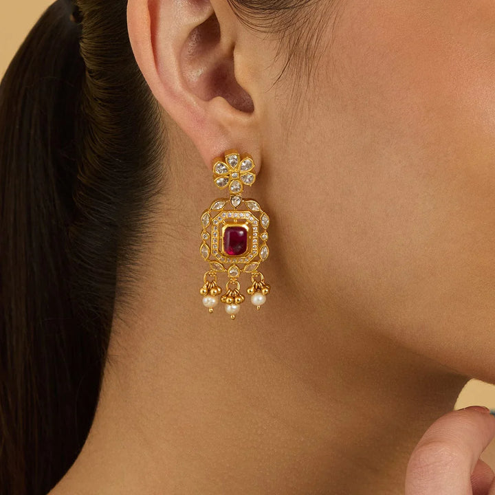 Pure 92.5 Silver Gold-Plated CZ Floral Stud Earrings with Square Ruby and Drop Pearls