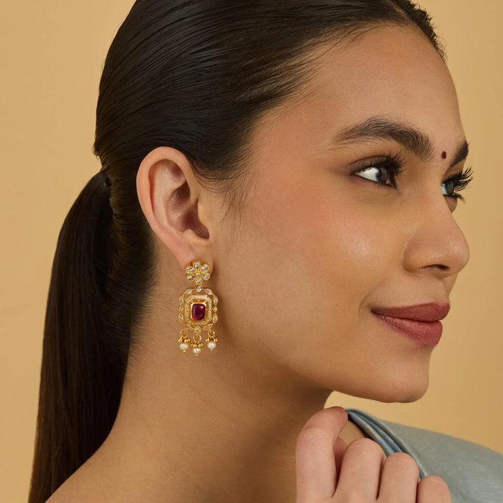 Pure 92.5 Silver Gold-Plated CZ Floral Stud Earrings with Square Ruby and Drop Pearls
