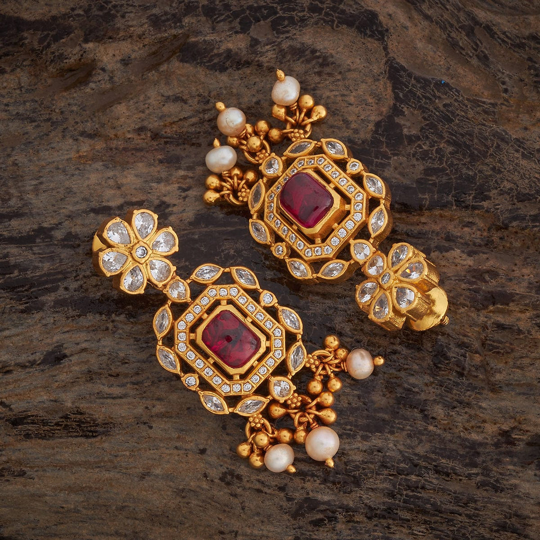 Pure 92.5 Silver Gold-Plated CZ Floral Stud Earrings with Square Ruby and Drop Pearls