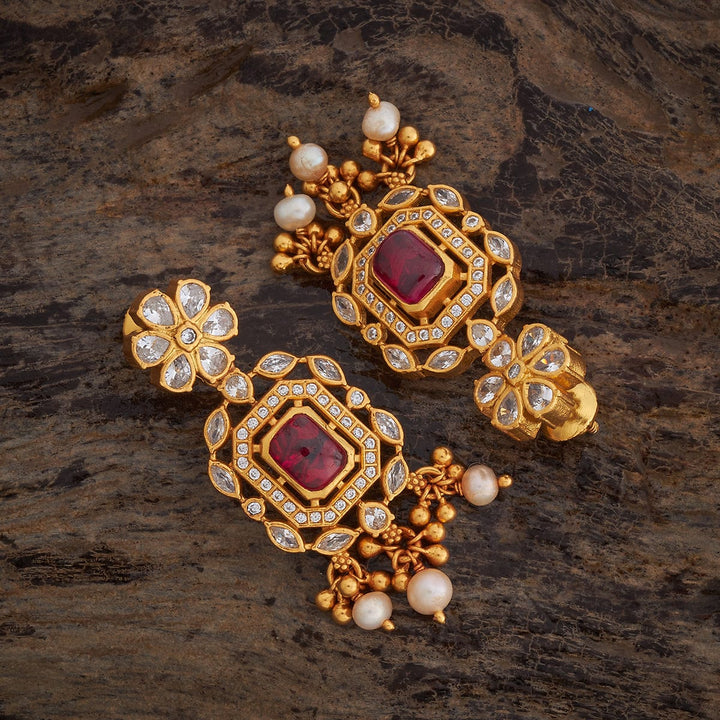 Pure 92.5 Silver Gold-Plated CZ Floral Stud Earrings with Square Ruby and Drop Pearls