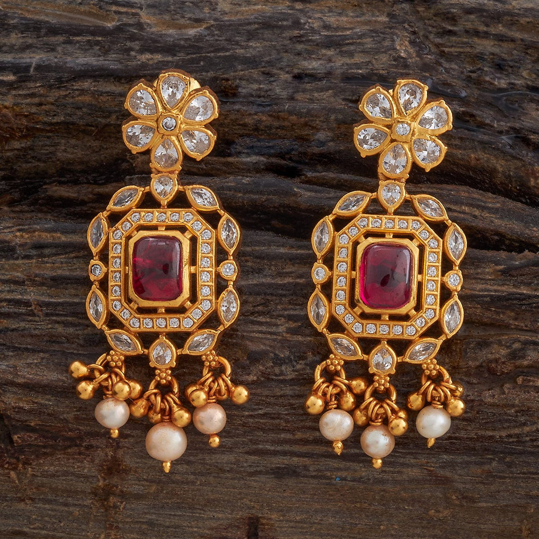 Pure 92.5 Silver Gold-Plated CZ Floral Stud Earrings with Square Ruby and Drop Pearls