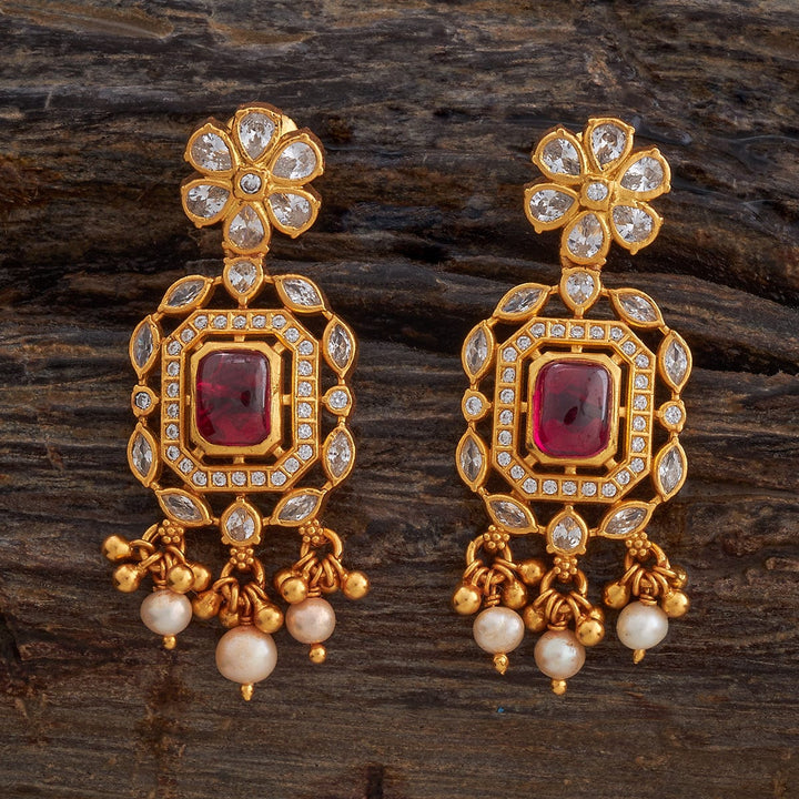 Pure 92.5 Silver Gold-Plated CZ Floral Stud Earrings with Square Ruby and Drop Pearls