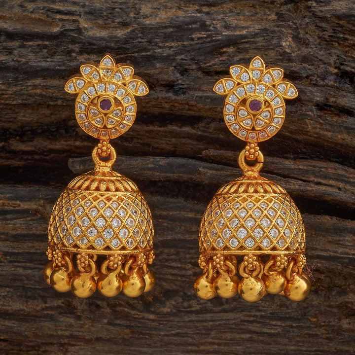 Pure 92.5 Silver Gold-Plated CZ Temple Jhumka Earrings with Gold Dangling Beads
