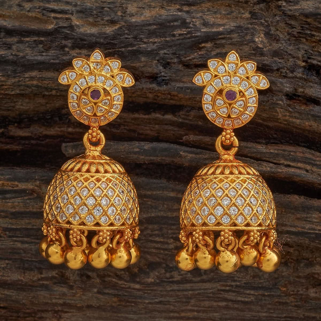 Pure 92.5 Silver Gold-Plated CZ Temple Jhumka Earrings with Gold Dangling Beads | SHOBITAM