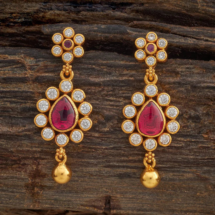 92.5 Silver Gold-Plated Drop Earrings with Pink Stones and White Zircons
