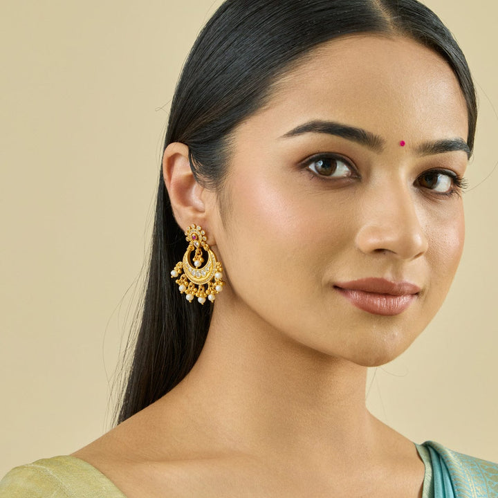 92.5 Sterling Silver Gold Plated Chandbali Earrings with Spinal, Zircon Stones & Beads | SHOBITAM