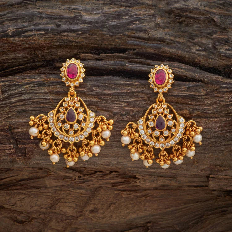 92.5 Sterling Silver Gold Plated Chandbali Earrings with Pink Stones, White Zirconia, and Pearl Droplets| SHOBITAM