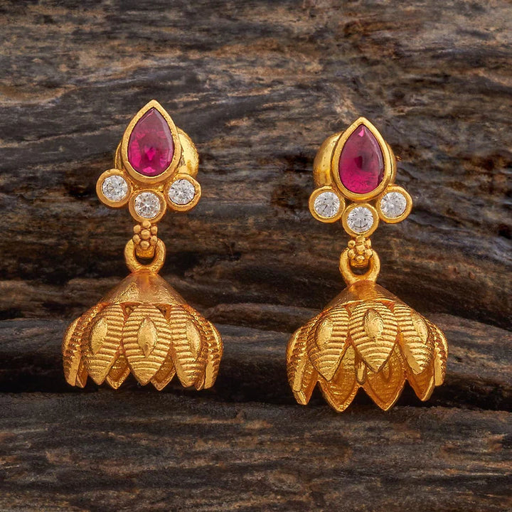 92.5 Sterling Silver Gold-Plated Jhumka Earrings with Pink Spinal and White Zircon Stones