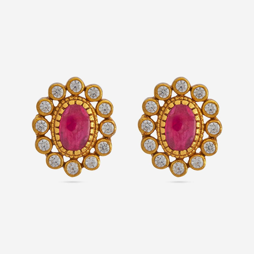 Pure 92.5 Silver Gold Plated Stud Earrings with Pink and White Stone accents