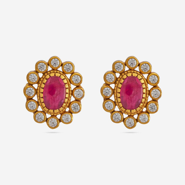 Pure 92.5 Silver Gold Plated Stud Earrings with Pink and White Stone accents