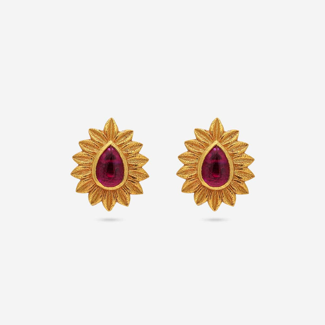 Pure 92.5 Silver Gold Plated Sunburst Ruby Teardrop Stud Earring | SHOBITAM
