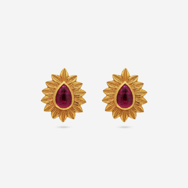 Pure 92.5 Silver Gold Plated Sunburst Ruby Teardrop Stud Earring | SHOBITAM