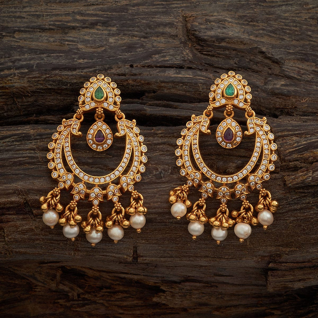 Pure 92.5 Silver Gold-Plated Chandbali Earrings with Gemstone Details and Pearl Danglings