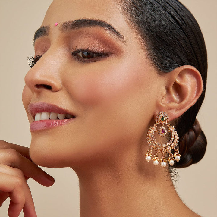Pure 92.5 Silver Gold-Plated Chandbali Earrings with Gemstone Details and Pearl Danglings