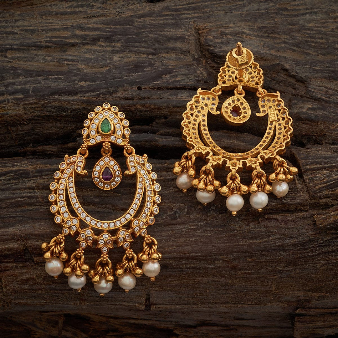 Pure 92.5 Silver Gold-Plated Chandbali Earrings with Gemstone Details and Pearl Danglings