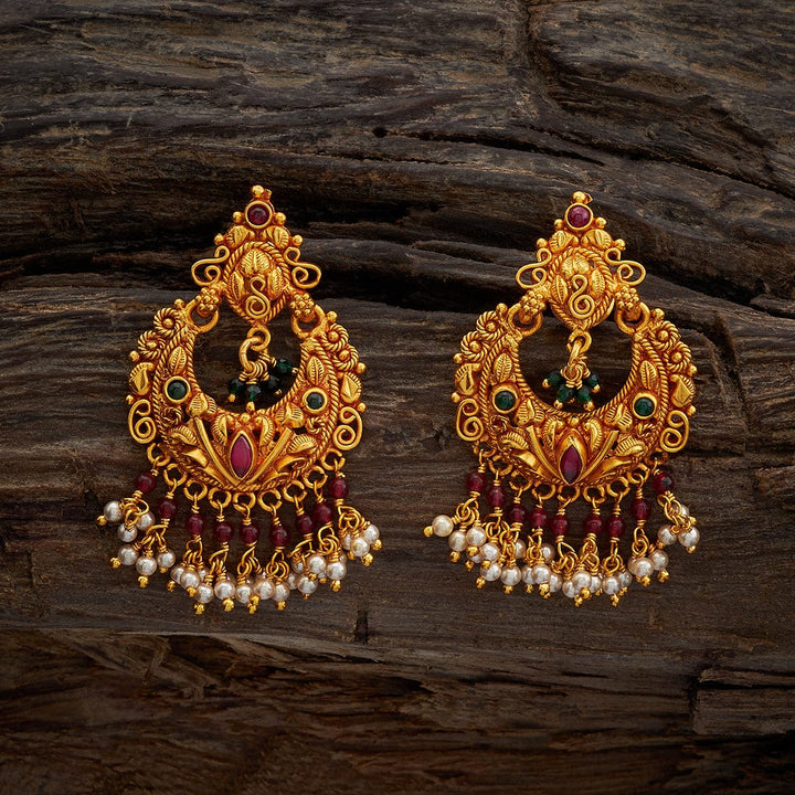 Pure 92.5 Silver Gold-Plated Antique Finish Earrings with Gemstone Details and Dangling Pearls