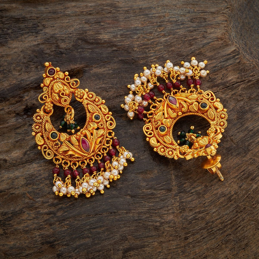 Pure 92.5 Silver Gold-Plated Antique Finish Earrings with Gemstone Details and Dangling Pearls