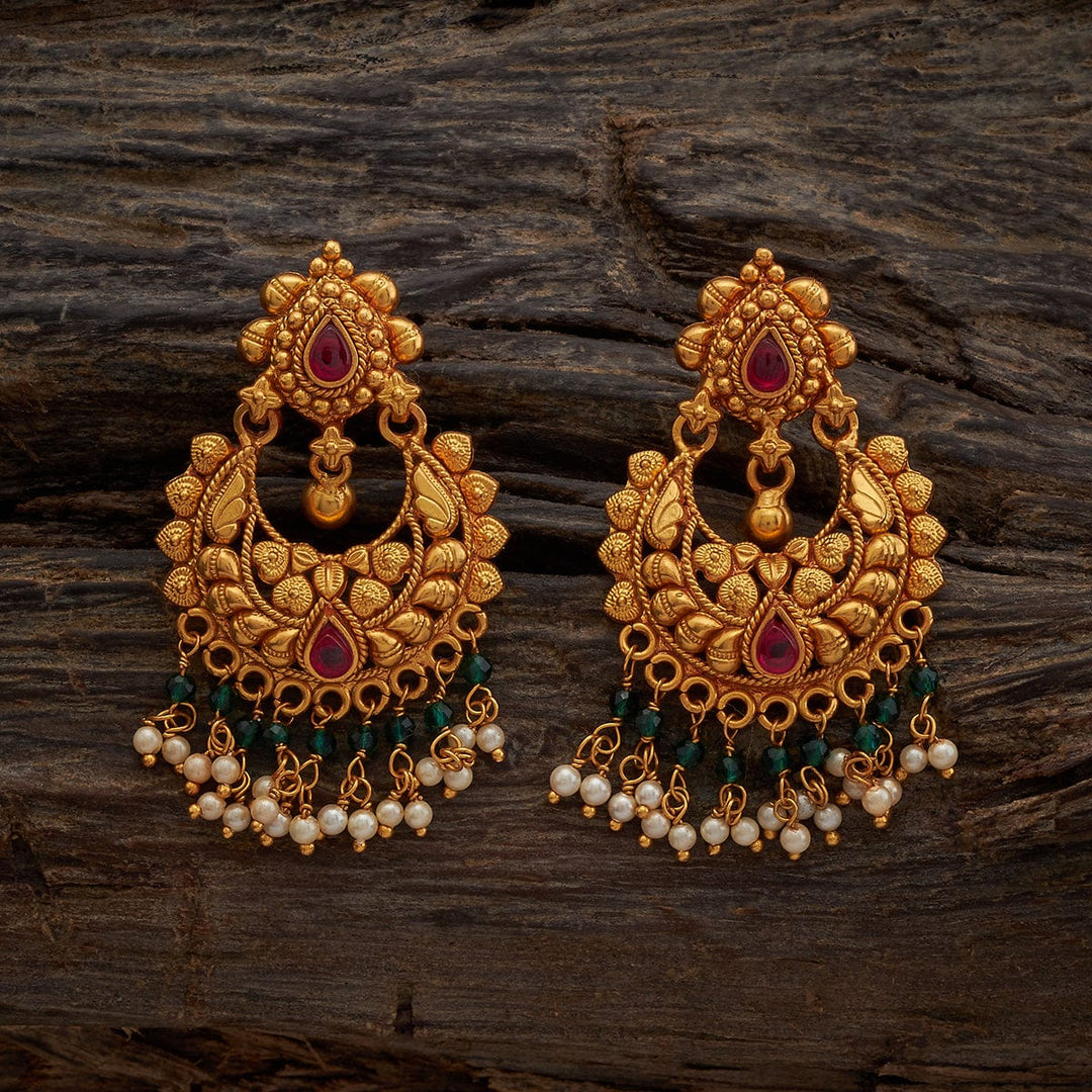Pure 92.5 Silver Gold-Plated Antique Finish Chandbali Earrings with Gemstone Details and Dangling Beads