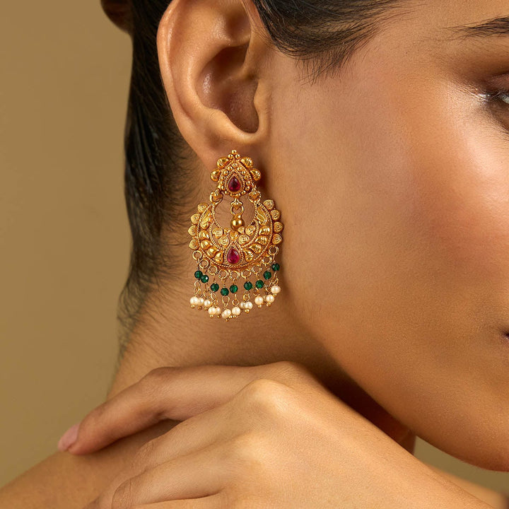 Pure 92.5 Silver Gold-Plated Antique Finish Chandbali Earrings with Gemstone Details and Dangling Beads