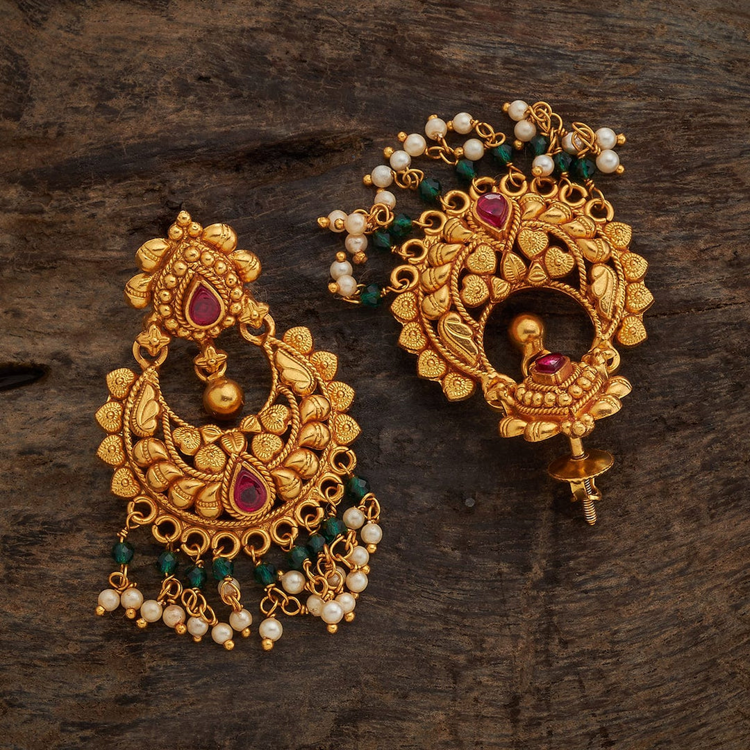 Pure 92.5 Silver Gold-Plated Antique Finish Chandbali Earrings with Gemstone Details and Dangling Beads