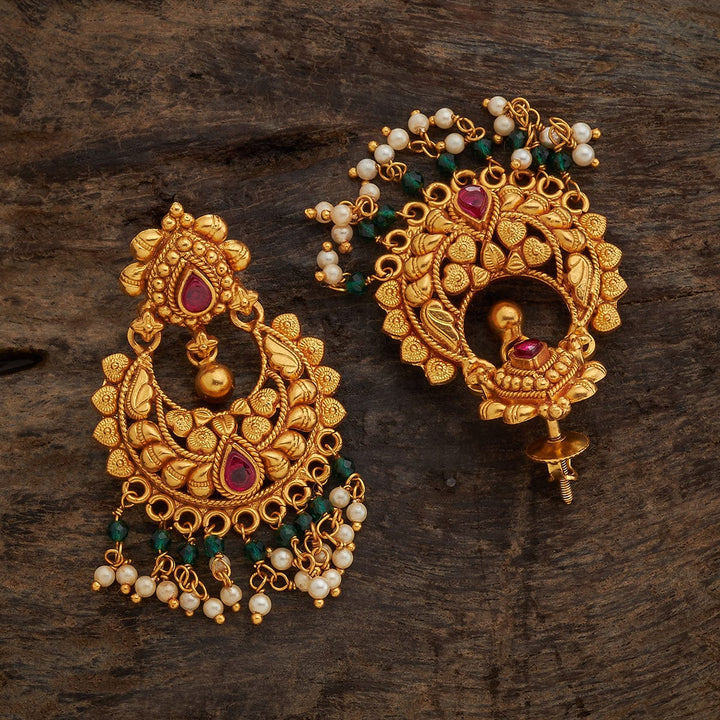 Pure 92.5 Silver Gold-Plated Antique Finish Chandbali Earrings with Gemstone Details and Dangling Beads