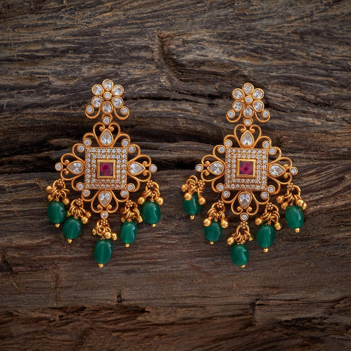 Pure 92.5 Silver Gold-Plated Floral CZ Earrings with Square Centerpiece and Green Beads