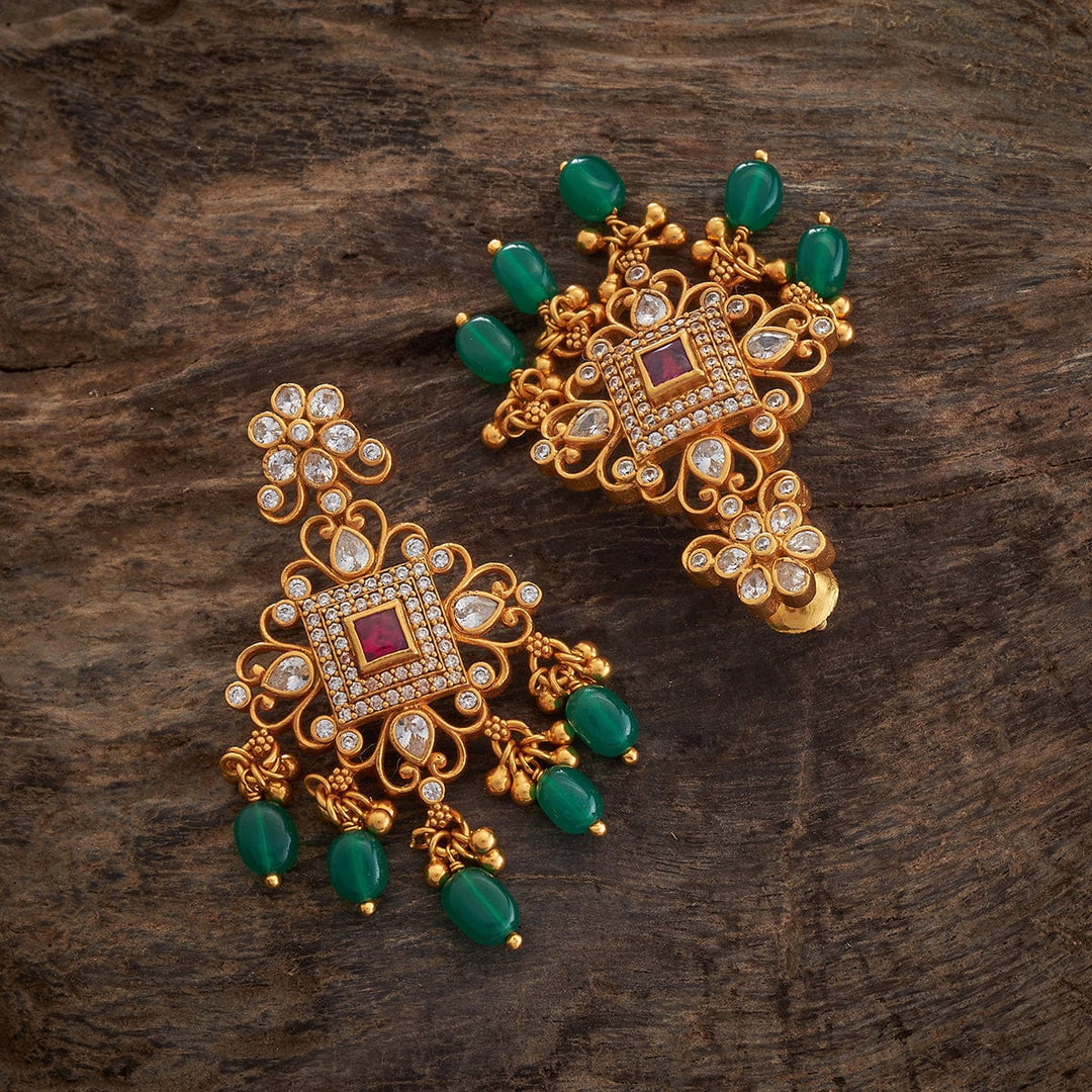 Pure 92.5 Silver Gold-Plated Floral CZ Earrings with Square Centerpiece and Green Beads