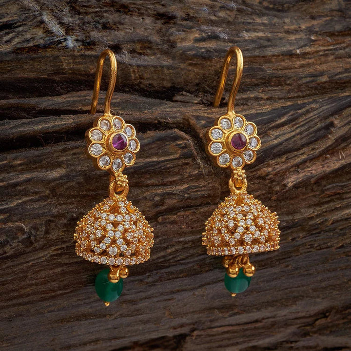 92.5 Sterling Silver Gold-Polished Jhumka Earrings with Ruby-Green Accents and Zircons