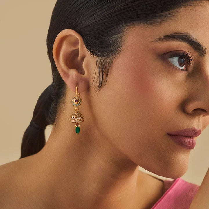 92.5 Sterling Silver Gold-Polished Jhumka Earrings with Ruby-Green Accents and Zircons