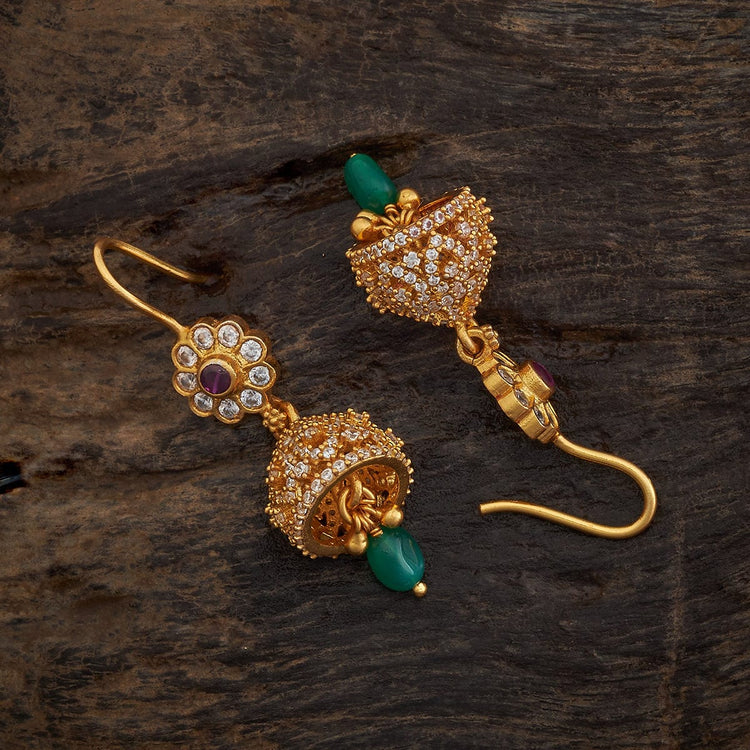 92.5 Sterling Silver Gold-Polished Jhumka Earrings with Ruby-Green Accents and Zircons