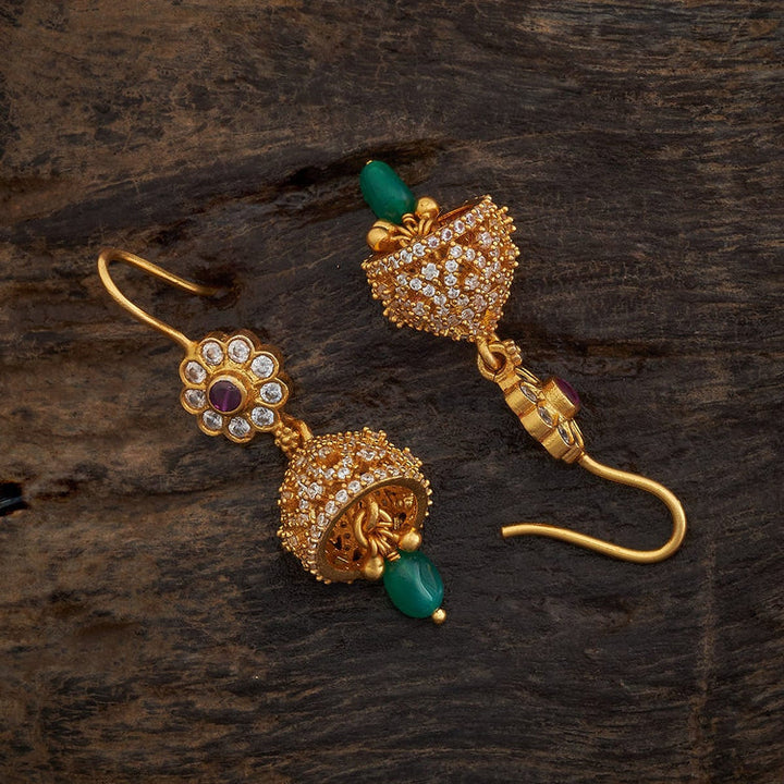 92.5 Sterling Silver Gold-Polished Jhumka Earrings with Ruby-Green Accents and Zircons