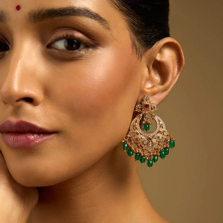 Pure 92.5 Silver Gold-Plated Ruby-Green with White Stone Temple Chandbali Earrings and Dangling Beads