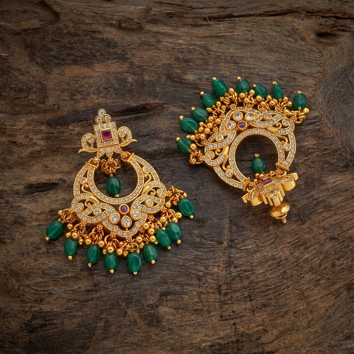 Pure 92.5 Silver Gold-Plated Ruby-Green with White Stone Temple Chandbali Earrings and Dangling Beads