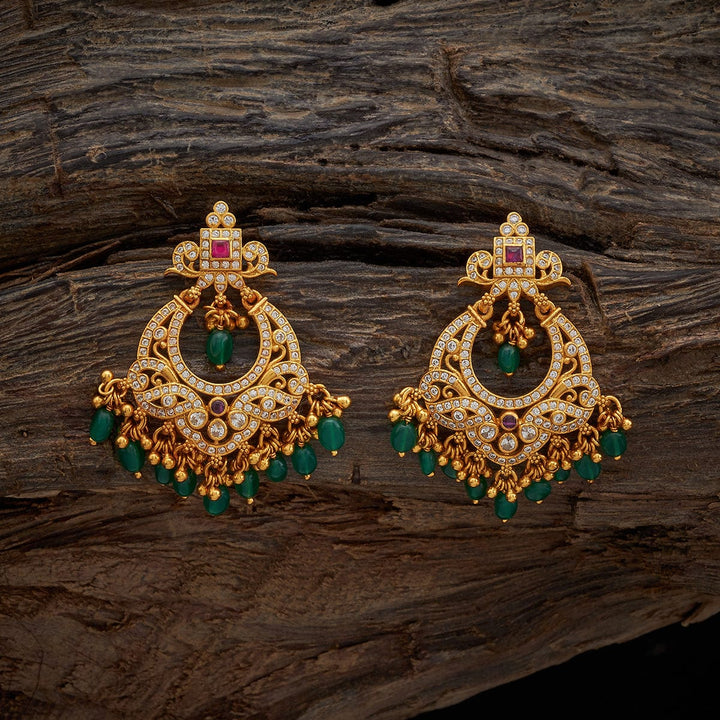 Pure 92.5 Silver Gold-Plated Ruby-Green with White Stone Temple Chandbali Earrings and Dangling Beads