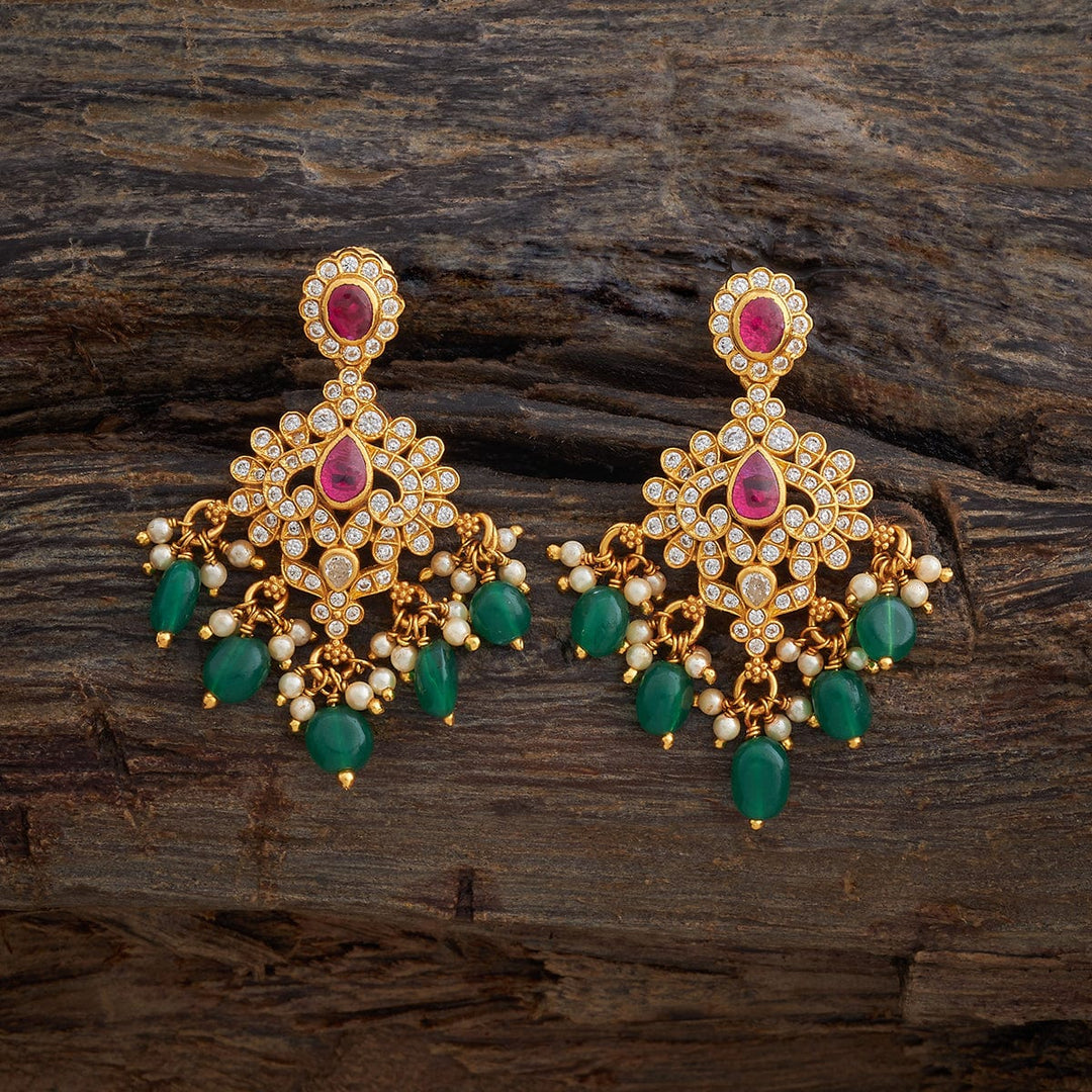 Pure 92.5 Silver Gold-Plated Antique Finish Earrings with Gemstone Embellishments and Bead Dangles | SHOBITAM