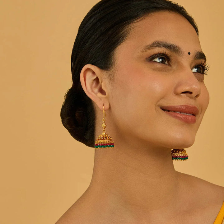 92.5 Pure Silver Jhumkas With Green-Red Stone And Dangling Beads