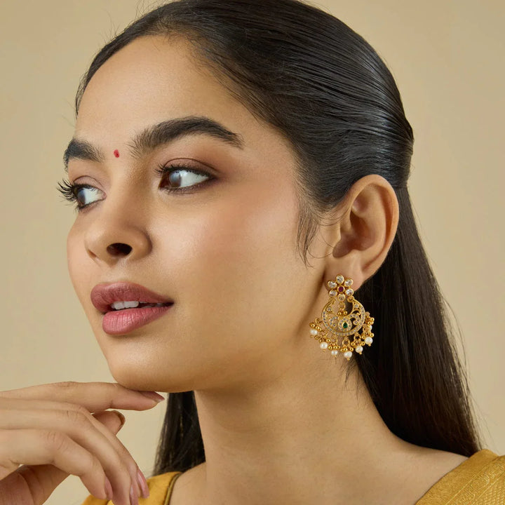 92.5 Pure Silver Chandbali Earring With Dangling Beads And Pearls