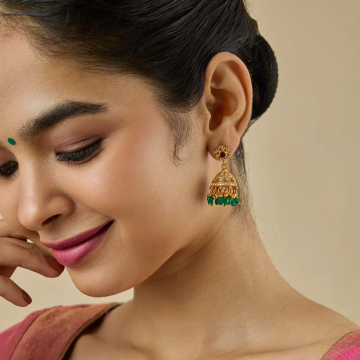 Pure 92.5 Silver Gold-Plated Heritage Inspired Ruby and Emerald Temple Jhumkas