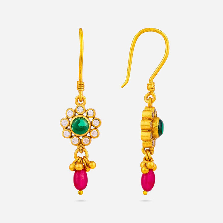Pure 92.5 Silver Gold Plated Floral Drop Earring with Green-White Stone and Pink Beads