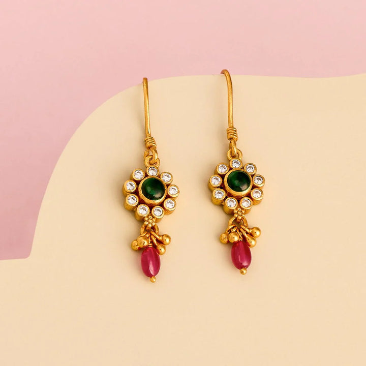 Pure 92.5 Silver Gold Plated Floral Drop Earring with Green-White Stone and Pink Beads