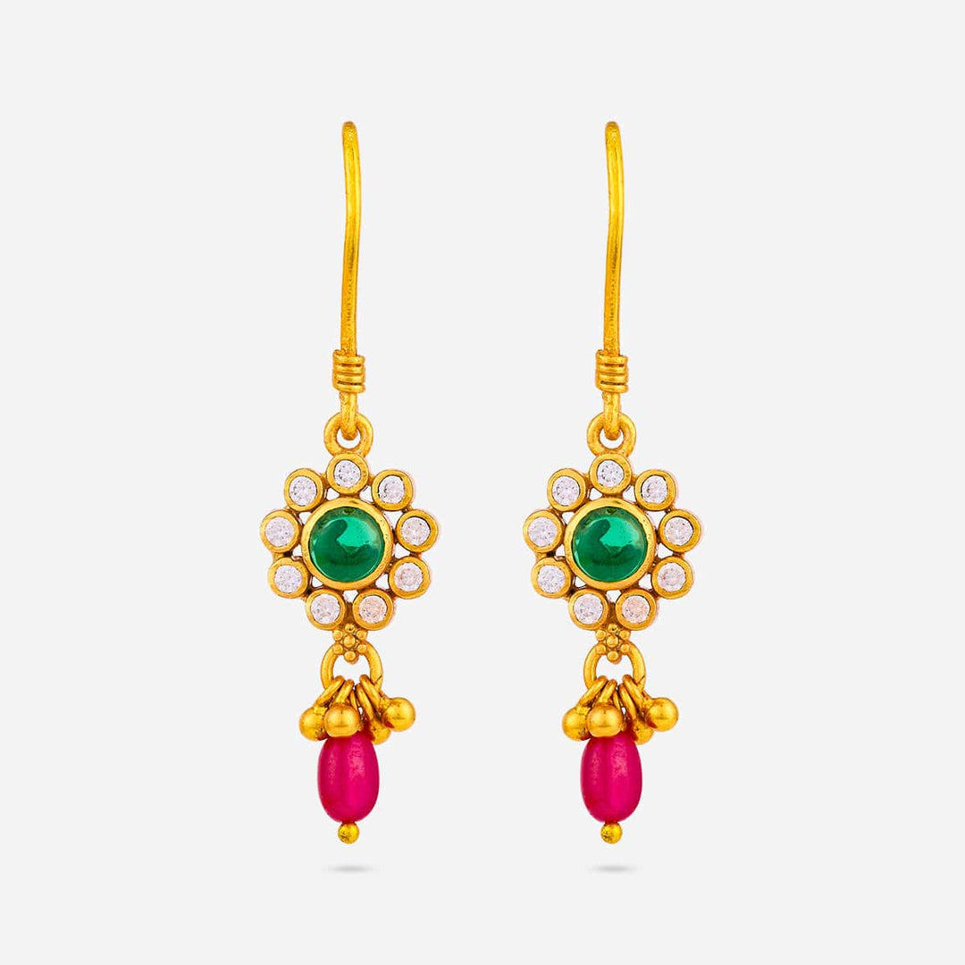 Pure 92.5 Silver Gold Plated Floral Drop Earring with Green-White Stone and Pink Beads