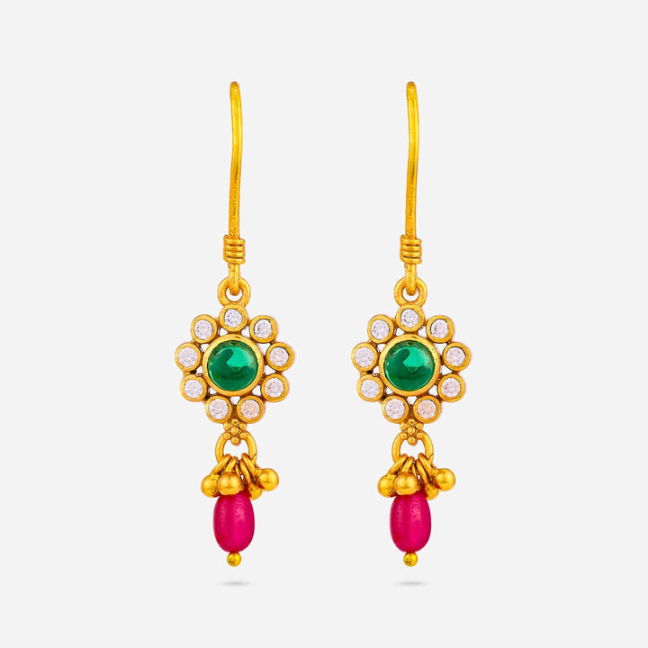 Pure 92.5 Silver Gold Plated Floral Drop Earring with Green-White Stone and Pink Beads