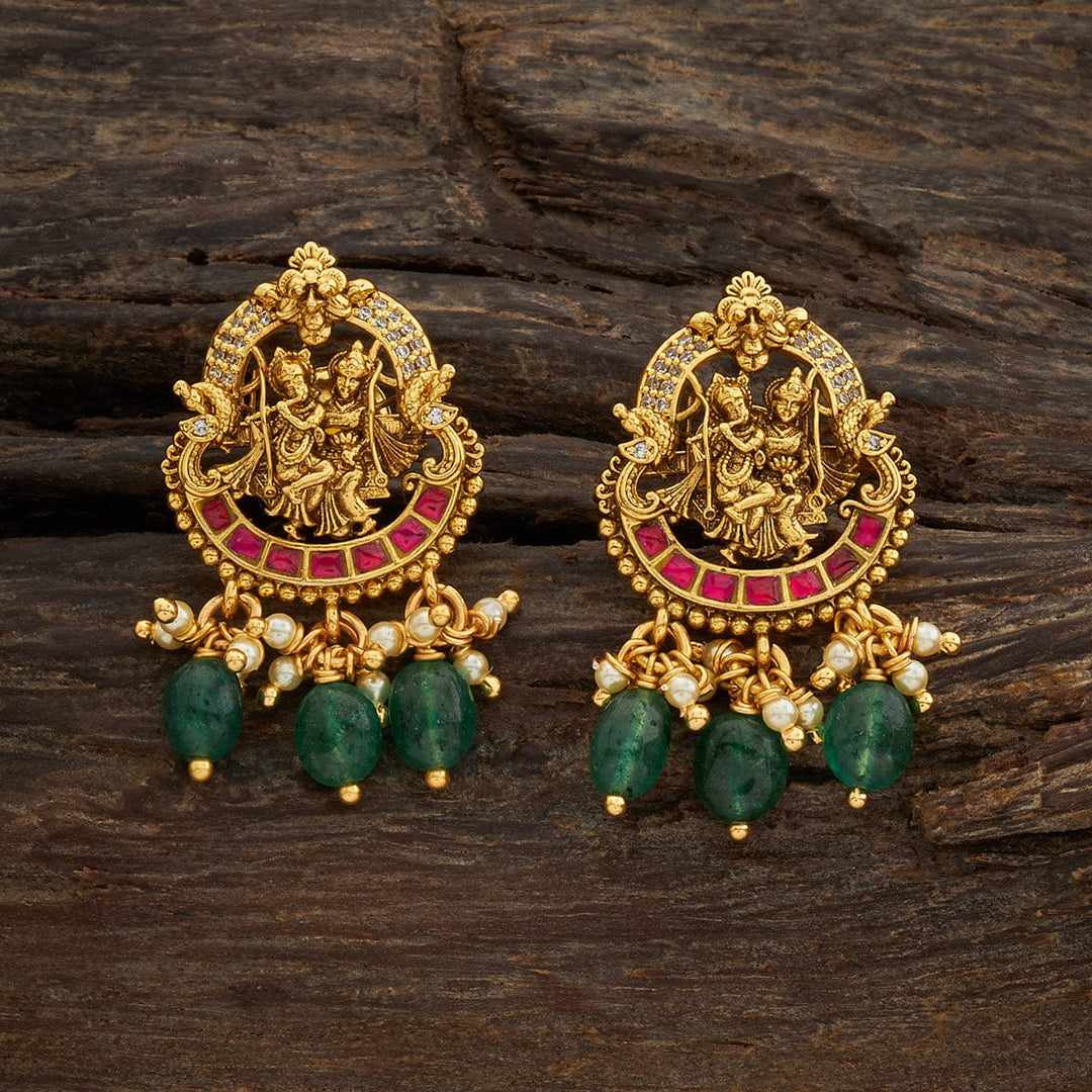 Pure 92.5 Silver Gold-Plated Traditional Temple Earrings with Radha-Krishna Design and Green Drops