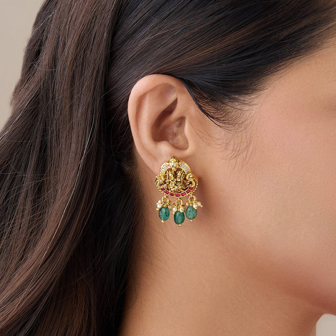Pure 92.5 Silver Gold-Plated Traditional Temple Earrings with Radha-Krishna Design and Green Drops