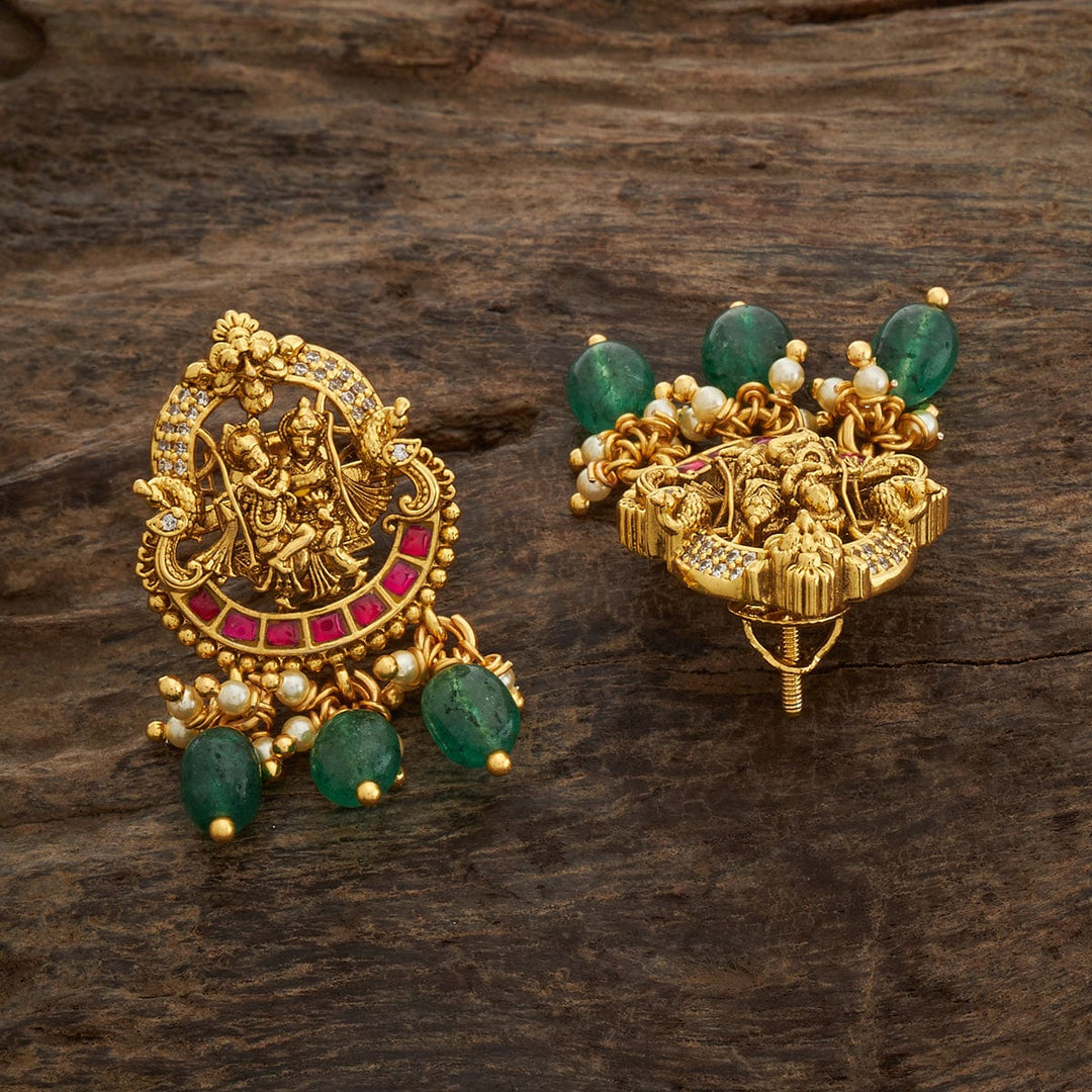 Pure 92.5 Silver Gold-Plated Traditional Temple Earrings with Radha-Krishna Design and Green Drops